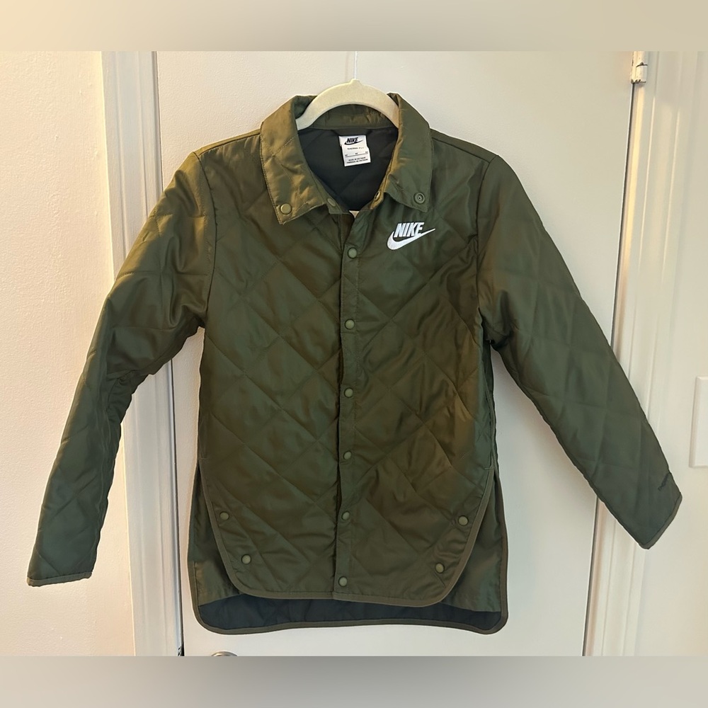NIKE Women’s Quilted Olive Green Puffer Jacket with White Logo